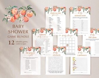 May include: A set of 12 printable baby shower game cards featuring peach and floral illustrations. The games include "What's in your purse", "Baby Animals Name", "Celebrity Baby Names", "Baby Bingo", "Baby ABC Game", "The Price is Right", "Baby Word Search", and "Baby Pictionary".