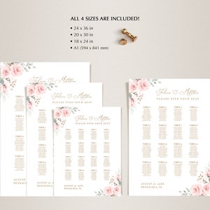 Wedding Seating Chart Template with Pale Pink Roses INSTANT DOWNLOAD Editable, Printable Template, 126 image 2