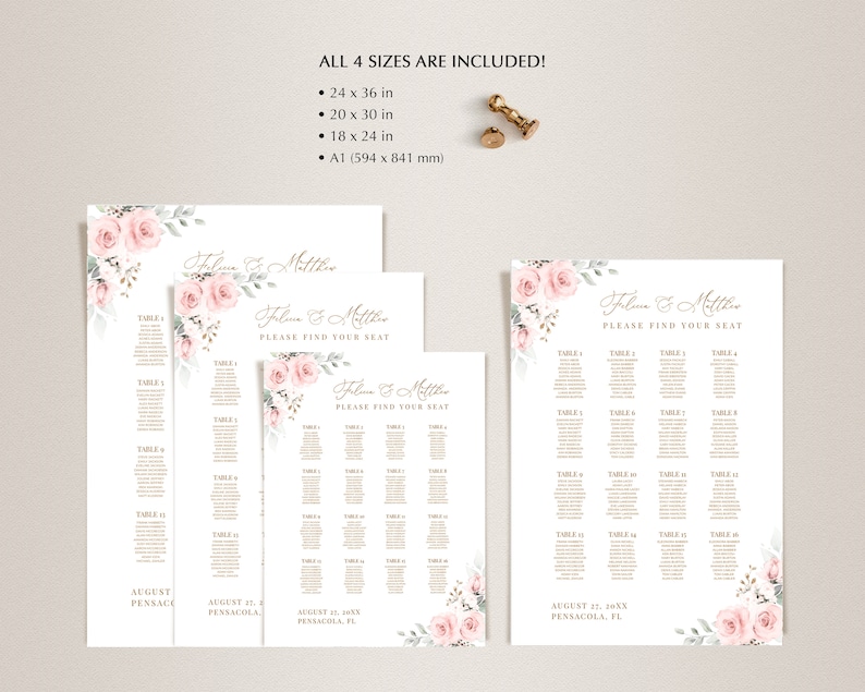 Wedding Seating Chart Template with Pale Pink Roses INSTANT DOWNLOAD Editable, Printable Template, 126 image 2