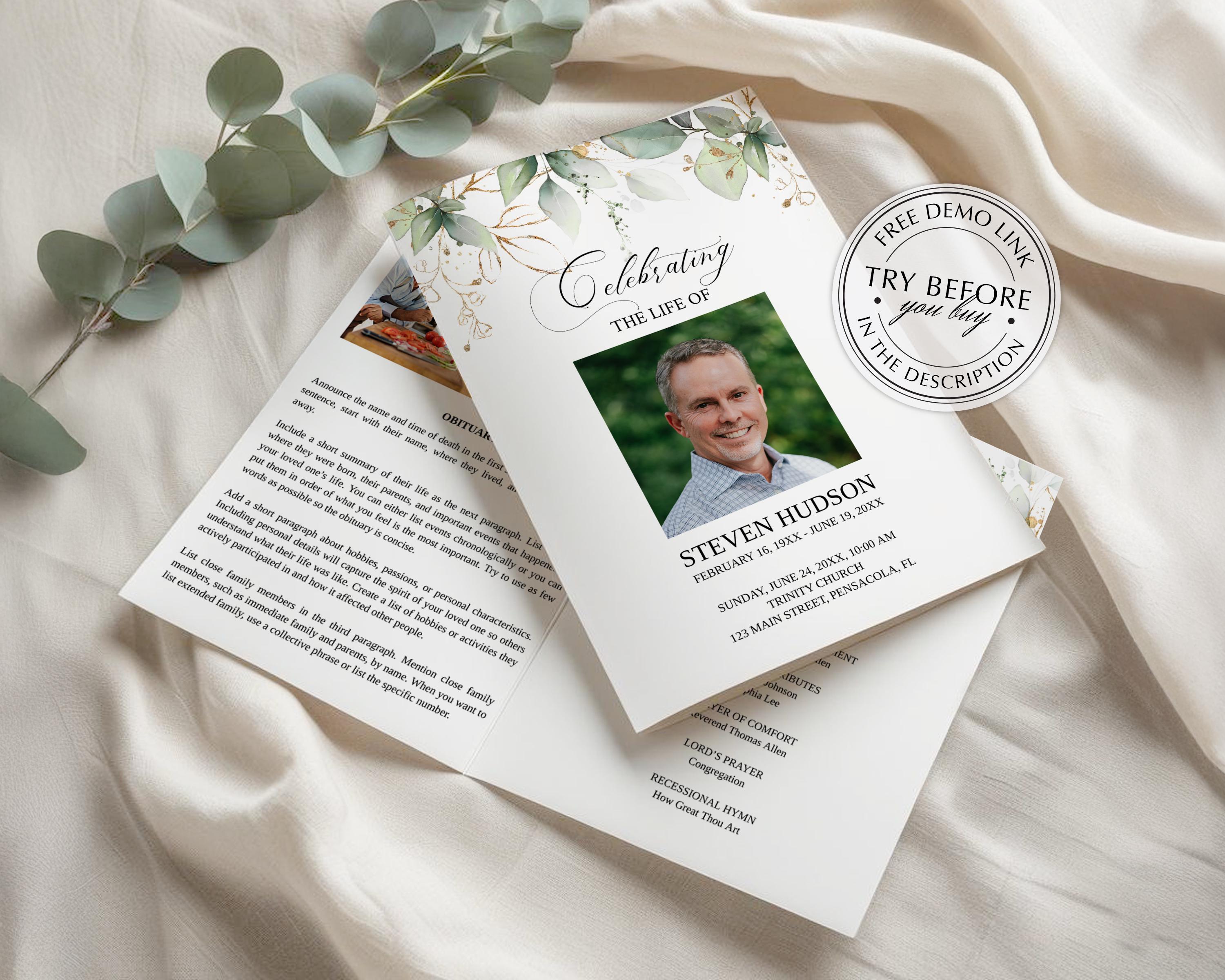 Printable Double-sided Funeral Program Template, Editable Memorial ...