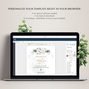 May include: A digital template for a baptism invitation with a white floral design and gold text. The text reads "Michelle's Baptism" and "Thank you for celebrating with us!" with a cross and the date "06.05.20XX".