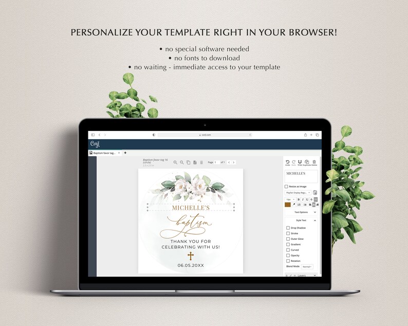 May include: A digital template for a baptism invitation with a white floral design and gold text. The text reads "Michelle's Baptism" and "Thank you for celebrating with us!" with a cross and the date "06.05.20XX".