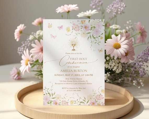 Wildflowers and Butterflies First Holy Communion Invitation Template • INSTANT DOWNLOAD • Editable, Printable Template