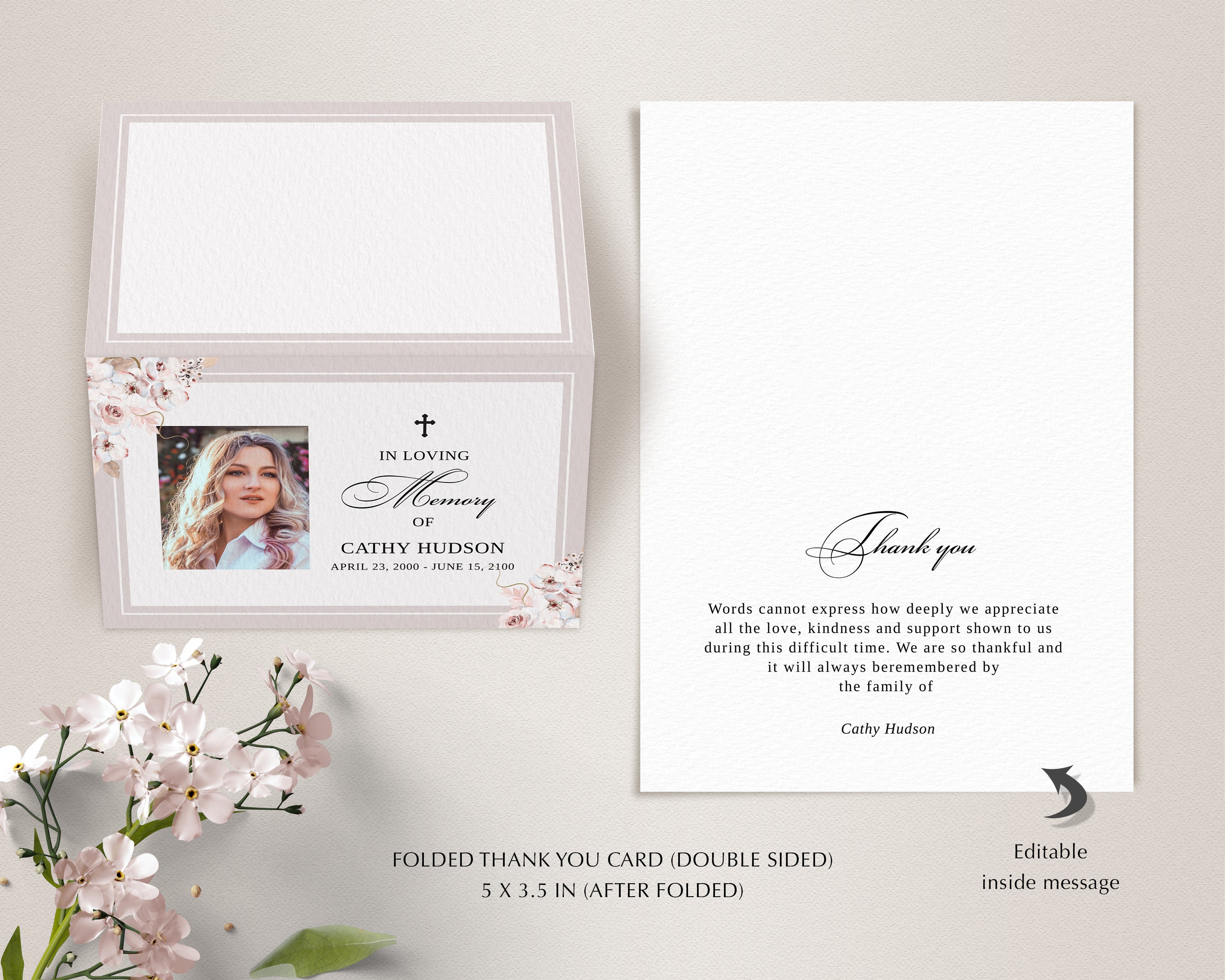 Pink Roses Funeral Thank You Card Template (instant Download) - Etsy UK