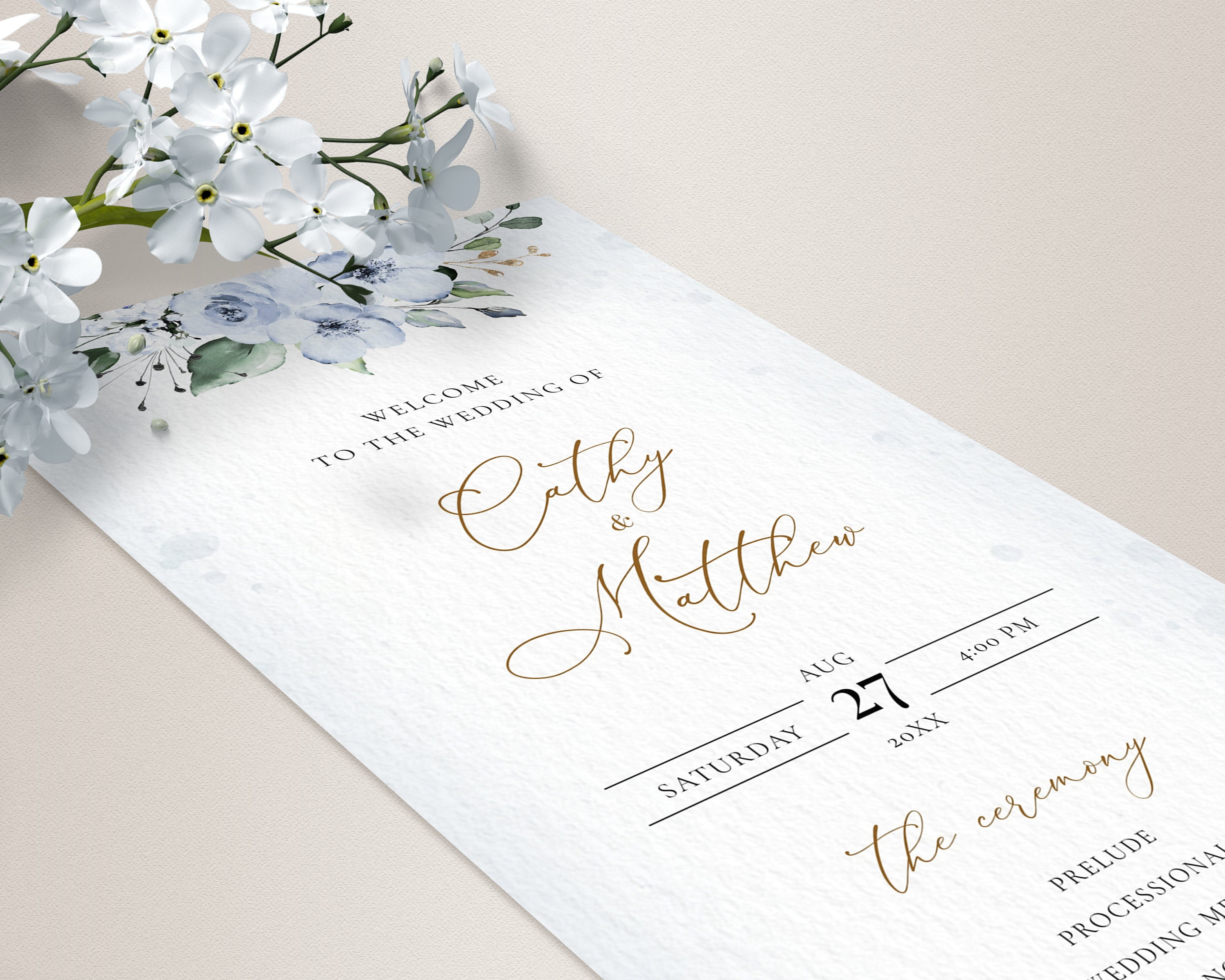 Blue Floral Wedding Program Template, Editable Printable (instant ...