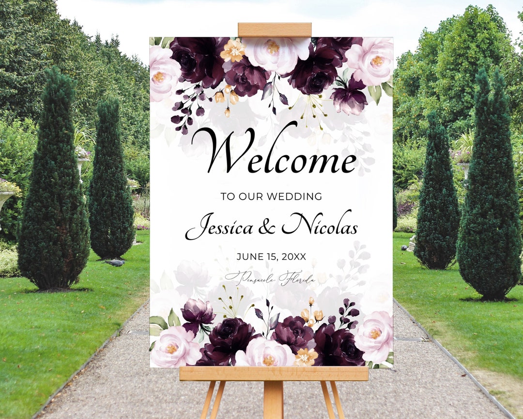 Purple Floral Wedding Welcome Sign Template (digital Download) A119 - Etsy