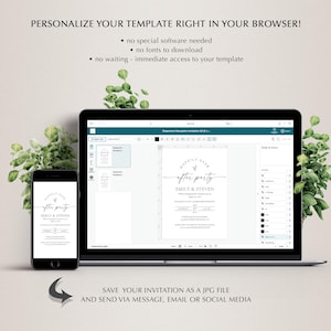Peut inclure: Un ordinateur portable et un smartphone noirs affichent un mod&egrave;le de faire-part de mariage avec le texte "Happily Ever After Party". L'&eacute;cran montre le design de l'invitation, avec les noms "Emily & Steven" et les d&eacute;tails de l'&eacute;v&eacute;nement.