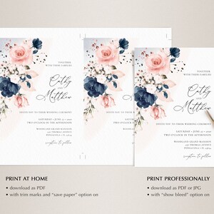 Navy Blue and Blush Pink Wedding Invitation Template and RSVP Card (Digital Download) A120 image 8