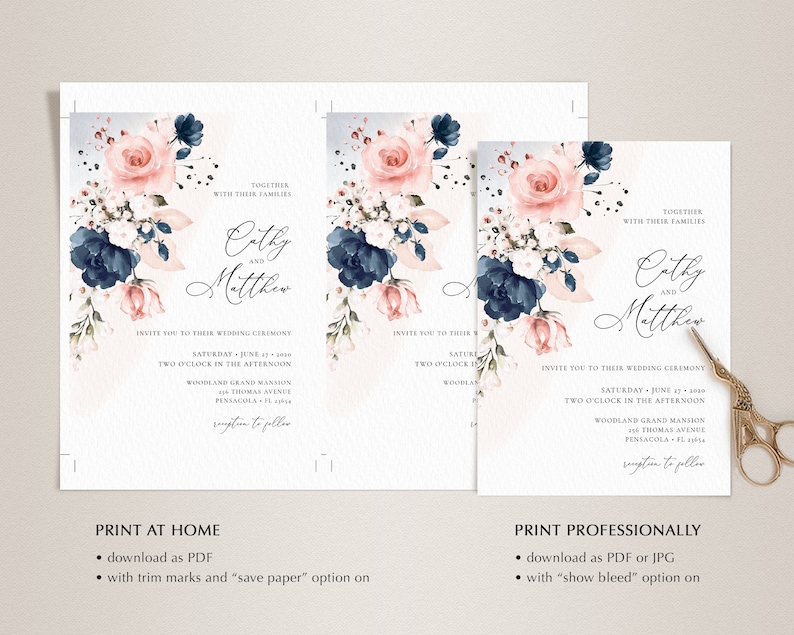 Navy Blue and Blush Pink Wedding Invitation Template and RSVP Card (Digital Download) A120 image 8