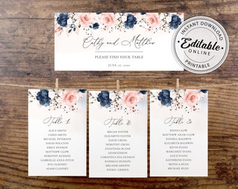 Navy Blue and Blush Pink Wedding Seating Cards Template (Digital Download) A120