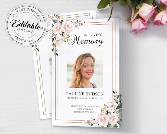 Pink Roses Funeral Program Template, Funeral Order of Service (Instant Download)