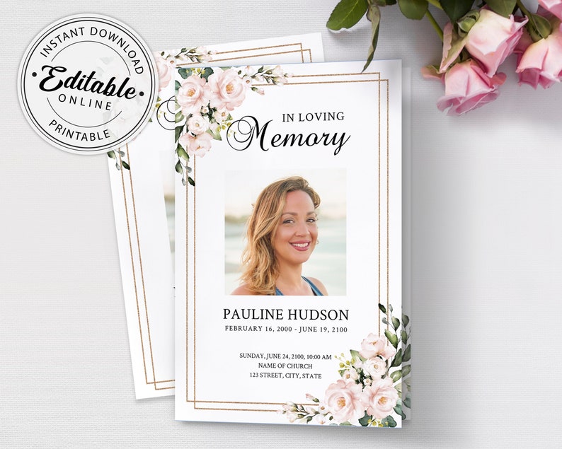 Pink Roses Funeral Program Template, Funeral Order of Service (Instant Download) image 1