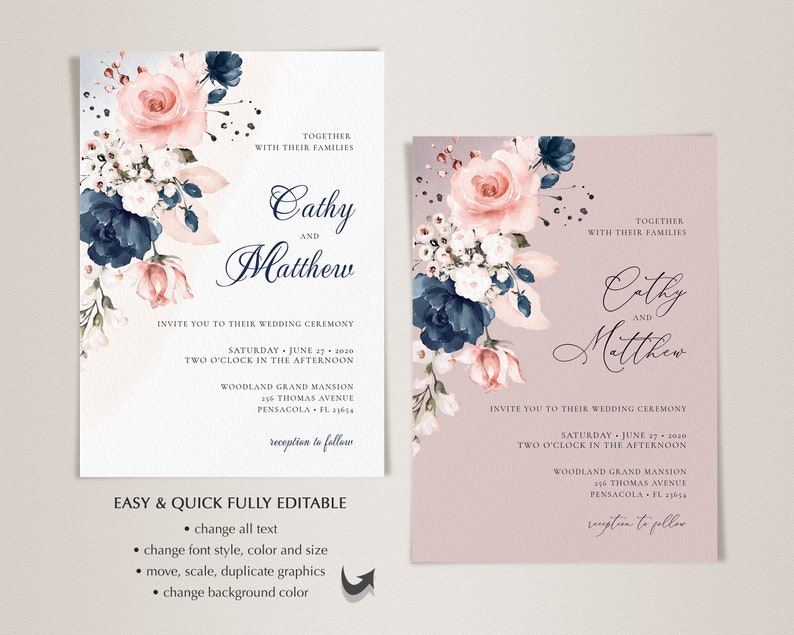 Navy Blue and Blush Pink Wedding Invitation Template Set