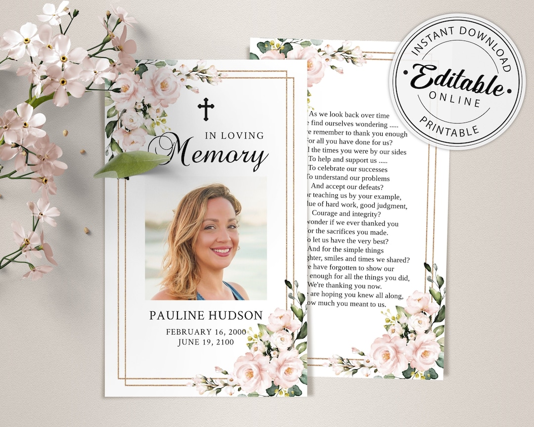 Printable Two sided Funeral Prayer Card Template With Watercolor Pink Printable Two sided Funeral Prayer Card Template With Watercolor Pink