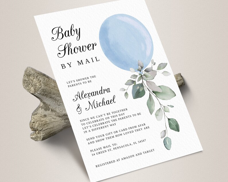Boy Baby Shower by Mail Invitation Template Blue Balloon Etsy