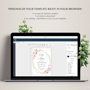 May include: A laptop displays a wedding invitation template with floral accents and gold geometric shapes. The screen shows the text "PERSONALIZE YOUR TEMPLATE RIGHT IN YOUR BROWSER!" and "SAVE THE DATE". The design includes the names "Emily" and "Matthew".
