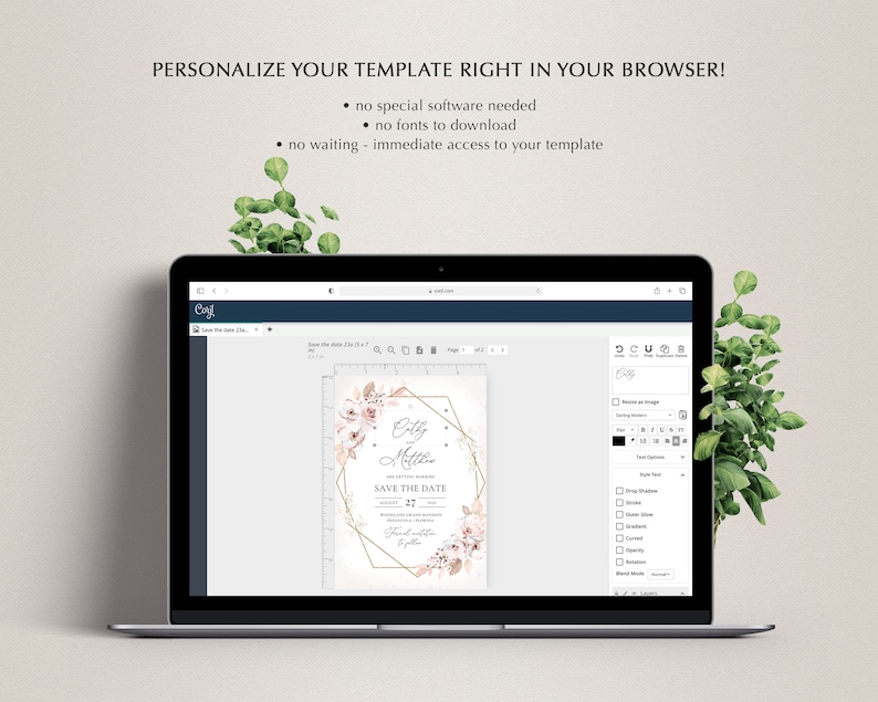 May include: A laptop displays a wedding invitation template with floral accents and gold geometric shapes. The screen shows the text "PERSONALIZE YOUR TEMPLATE RIGHT IN YOUR BROWSER!" and "SAVE THE DATE". The design includes the names "Emily" and "Matthew".