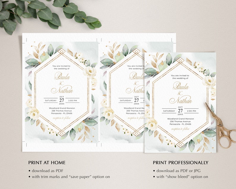 Greenery and Gold Wedding Invitation Template Set, Greenery Wedding ...