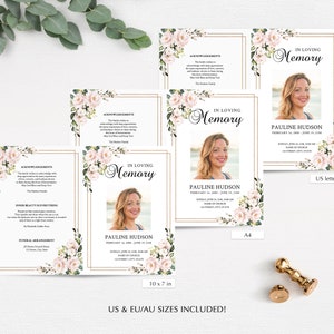 Pink Roses Funeral Program Template, Funeral Order of Service (Instant Download) image 5