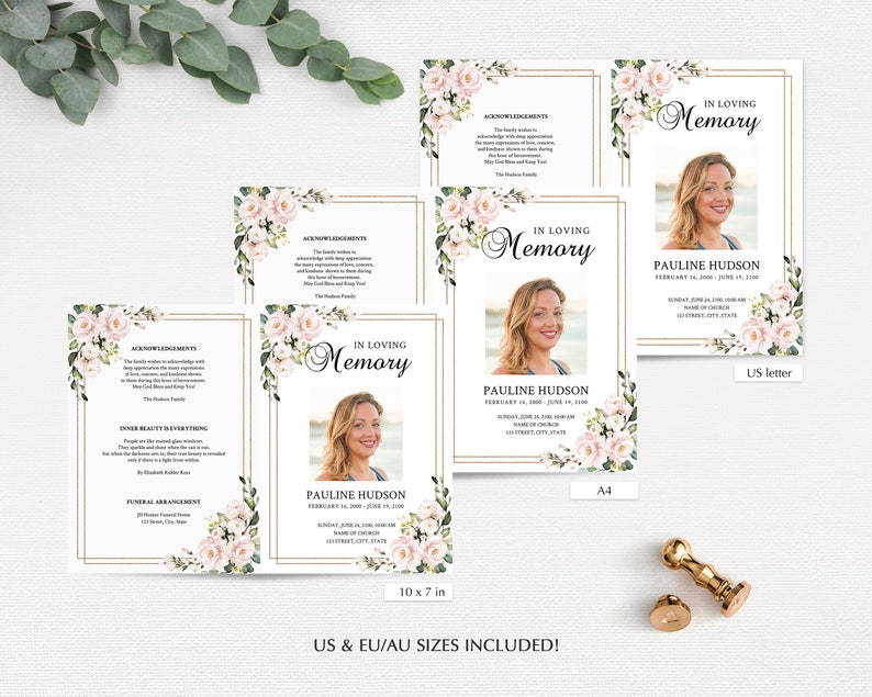Pink Roses Funeral Program Template, Funeral Order of Service (Instant Download) image 5