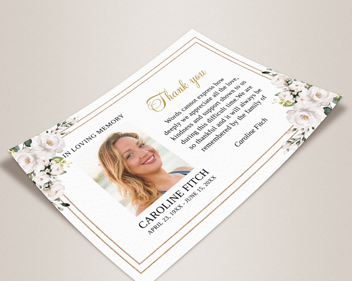 White Roses Funeral Thank You Card Template (printable, Editable ...