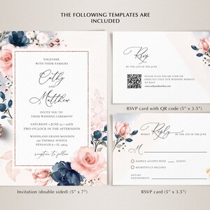 May include: Wedding invitation suite with a floral design in shades of blue and pink. The invitation features the names "Cathy and Matthew" and the text "Together with their families". The RSVP card includes a QR code and the text "Kindly Reply by the 5th of June".