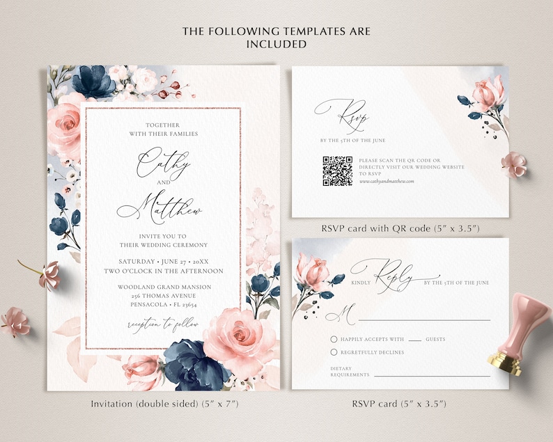 May include: Wedding invitation suite with a floral design in shades of blue and pink. The invitation features the names "Cathy and Matthew" and the text "Together with their families". The RSVP card includes a QR code and the text "Kindly Reply by the 5th of June".