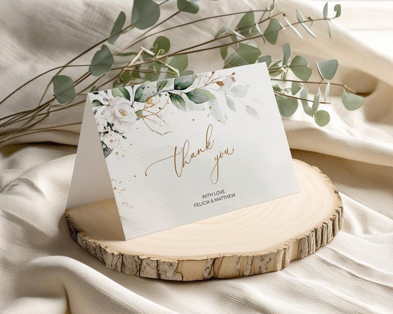 Greenery and White Roses Wedding Thank You Card Template (Digital Download), A109 image 3