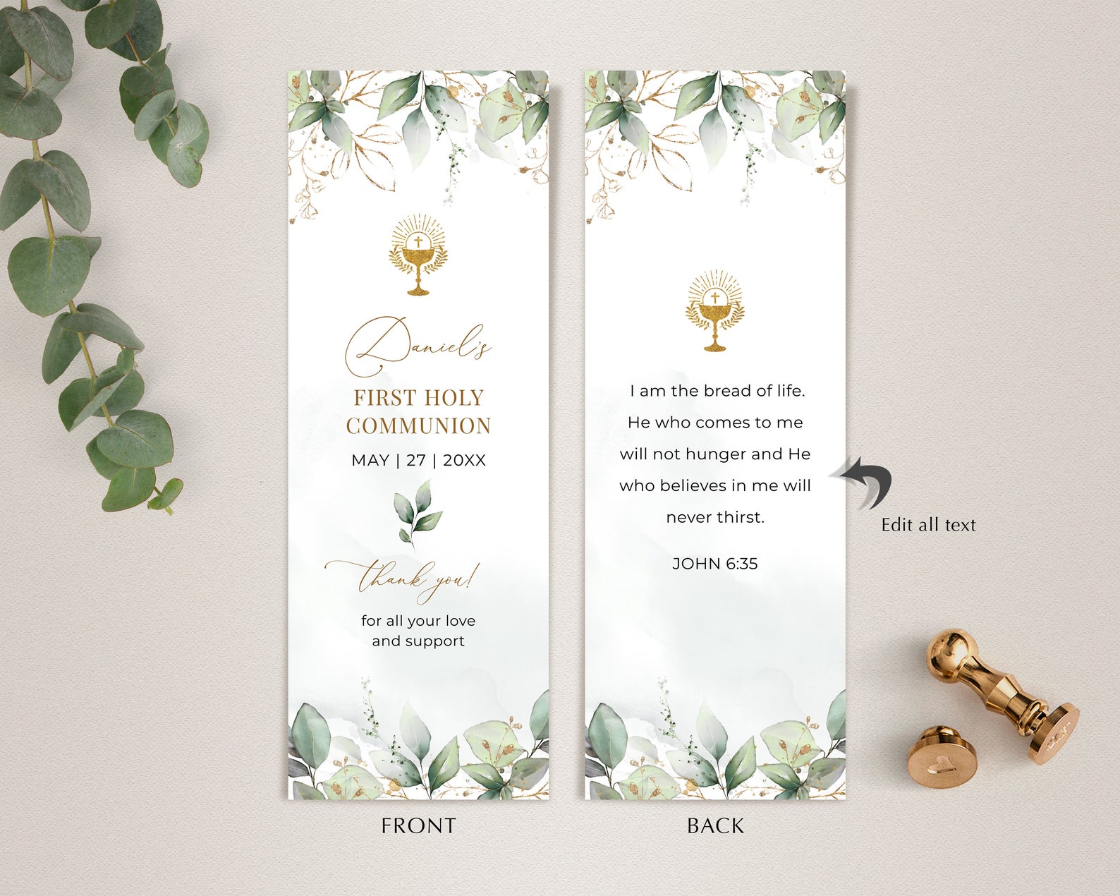 First Holy Communion Bookmark Template, Greenery Bookmark Template ...