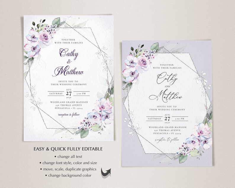 Wedding Invite Template Suite \u2022 INSTANT DOWNLOAD \u2022 Editable Templates Lavender Wedding Invitation Template Set