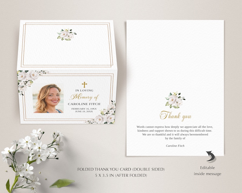White Roses Funeral Thank You Card Template (printable, Editable ...