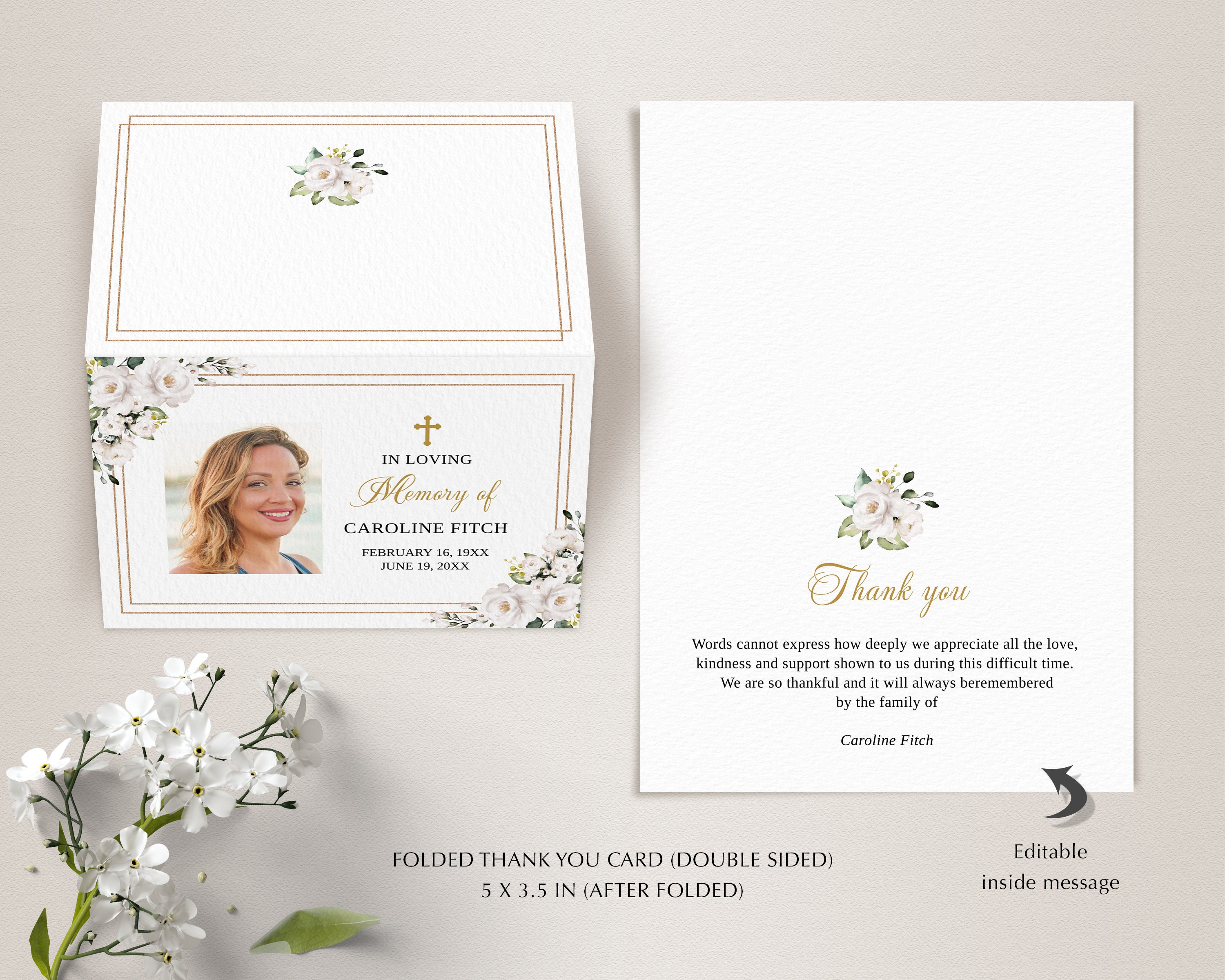 White Roses Funeral Thank You Card Template (printable, Editable ...