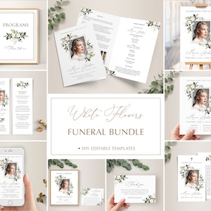 Funeral Templates Bundle, White Flowers Funeral Memory Package • INSTANT DOWNLOAD • Celebration of Life, Editable, Printable Templates