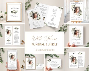 White Flowers Funeral Templates Bundle (Digital Download)