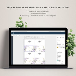 Puede incluir: Captura de pantalla de una pantalla de ordenador que muestra una p&aacute;gina web con una plantilla para una invitaci&oacute;n de boda. La plantilla presenta un dise&ntilde;o floral con flores moradas y detalles dorados. El texto de la plantilla dice "Save the Date".