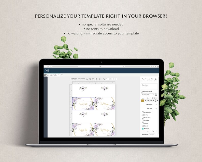 Puede incluir: Captura de pantalla de una pantalla de ordenador que muestra una p&aacute;gina web con una plantilla para una invitaci&oacute;n de boda. La plantilla presenta un dise&ntilde;o floral con flores moradas y detalles dorados. El texto de la plantilla dice "Save the Date".