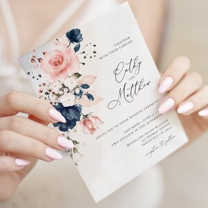 Navy Blue and Blush Pink Wedding Invitation Template and RSVP Card (Digital Download) A120 image 2
