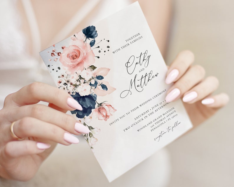 Navy Blue and Blush Pink Wedding Invitation Template and RSVP Card (Digital Download) A120 image 2