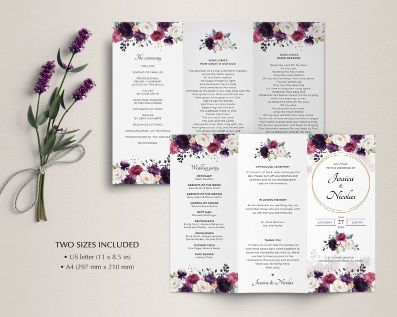 Trifold Wedding Program Template With Purple, Fuchsia, and White Roses ...