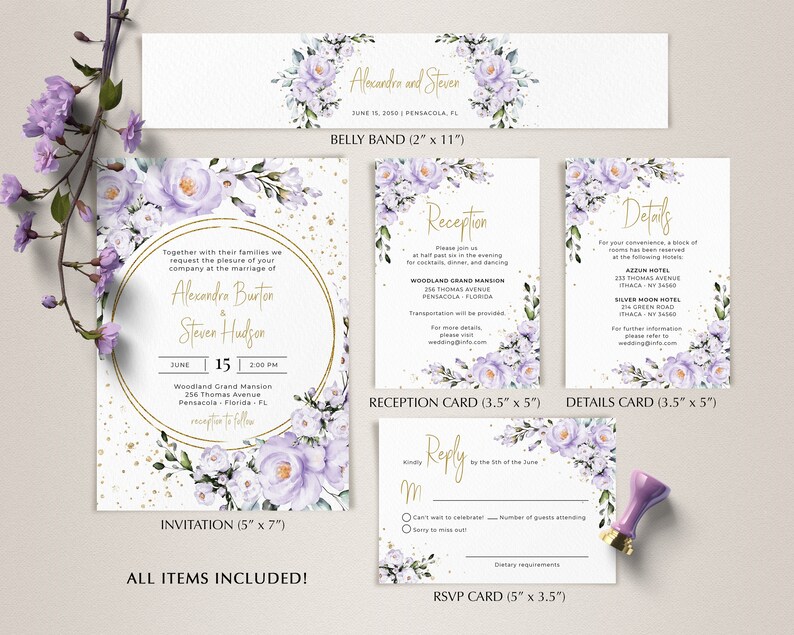 Lavender Wedding Invitation Template Set Wedding Invite Wit Etsy