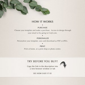 May include: A white background with black text explaining how to purchase, personalize, and print a digital template. The text also includes a call to action to try before you buy by copying a link in the description.