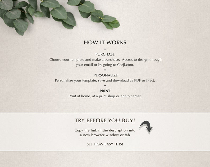 May include: A white background with black text explaining how to purchase, personalize, and print a digital template. The text also includes a call to action to try before you buy by copying a link in the description.