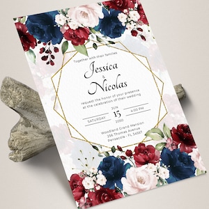 Burgundy and Navy Blue Wedding Invitation Template, Wedding Invite ...