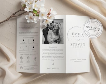 Plantilla de programa de boda tríptico • Folleto de matrimonio elegante y moderno • DESCARGA INSTANTÁNEA • Plantilla editable e imprimible n.° 154