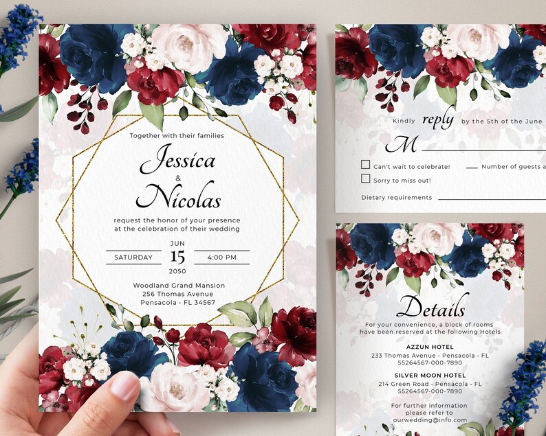 Burgundy and Navy Blue Wedding Invitation Template Suite Etsy