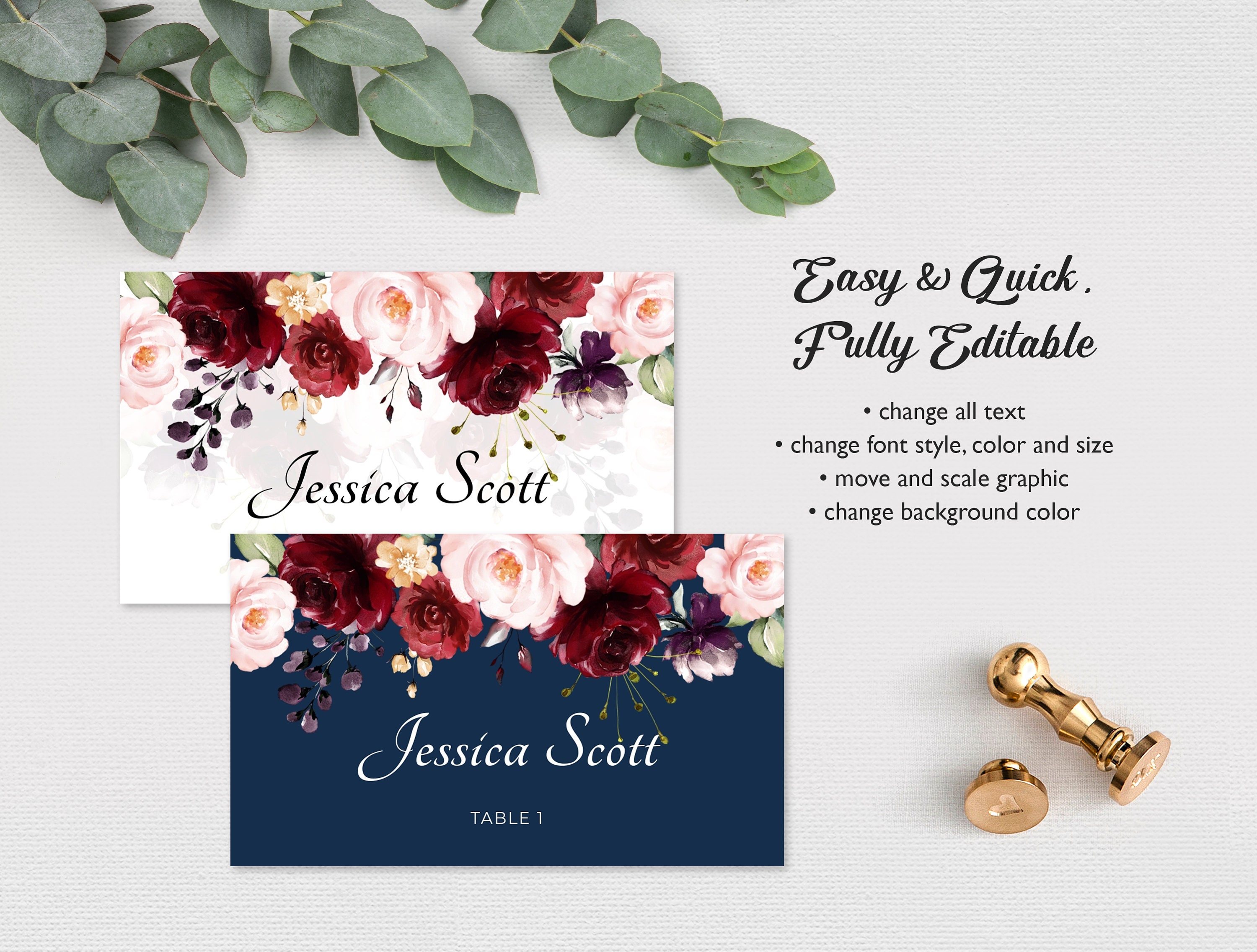 Printable Burgundy Wedding Place Cards Templates Marsala - Etsy
