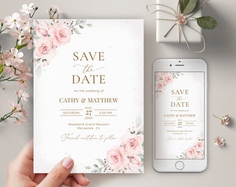 Light Pink Wedding Save the Date Template, Wedding Date Reservation • INSTANT DOWNLOAD • Editable, Printable Template, #126