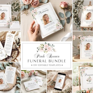 Editable Funeral Program Template Bundle, Pink Rose Memorial Suite, Funeral Templates, Printable, Instant Download image 1