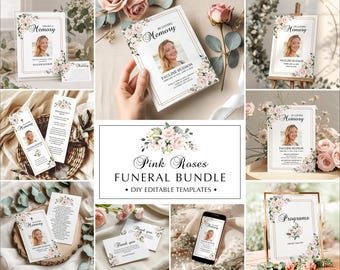 Editable Funeral Program Template Bundle, Pink Rose Memorial Suite, Funeral Templates, Printable, Instant Download