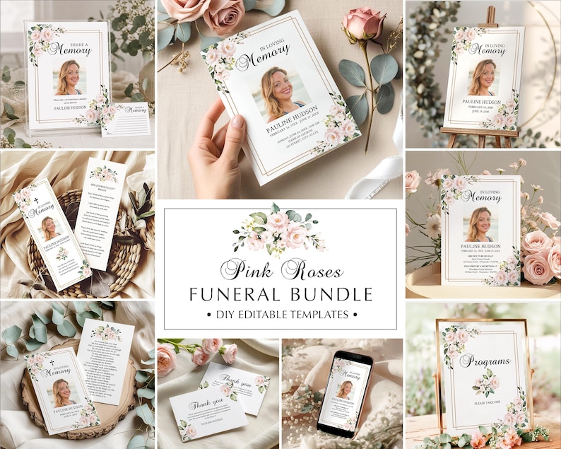 Editable Funeral Program Template Bundle, Pink Rose Memorial Suite, Funeral Templates, Printable, Instant Download image 1